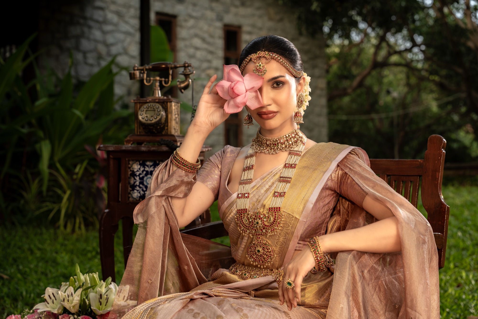 Rose Gold Tissue Silk Saree with Traditional Jewellery